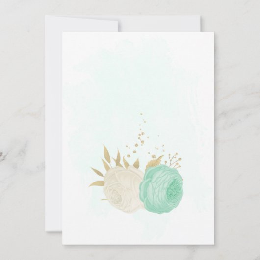 ミント緑の白い花金ゴールド誕生日 招待状 (裏面)