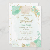 ミント緑の白い花金ゴールド誕生日 招待状 (正面/裏面)