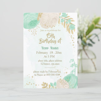 ミント緑の白い花金ゴールド誕生日 招待状