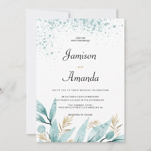 ミント緑の金ゴールドの水色の結婚葉 招待状 (正面)