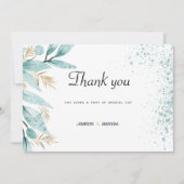 ミント緑の金ゴールドの水色の葉ありがとう 招待状 (正面)
