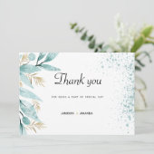 ミント緑の金ゴールドの水色の葉ありがとう 招待状 (スタンド正面)