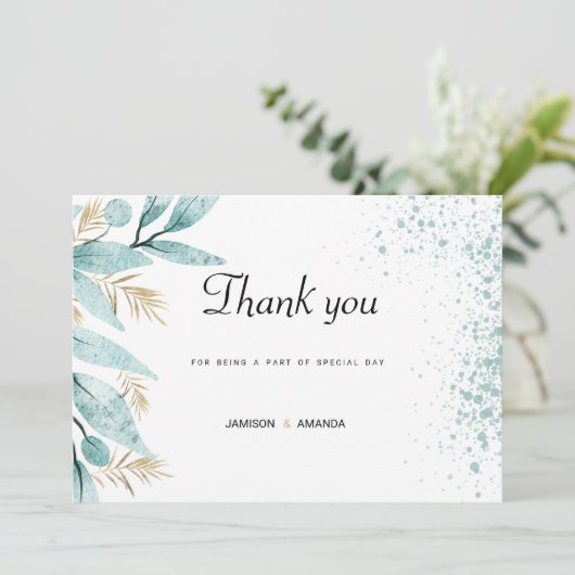 ミント緑の金ゴールドの水色の葉ありがとう 招待状 (スタンド正面)