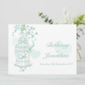 ミント緑の鳥オープンケージ結婚式招待状 招待状 (スタンド正面)