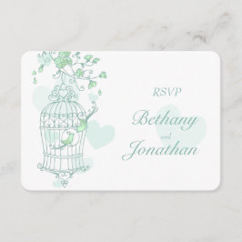 ミント緑の鳥オープンケージ結婚式RSVP 出欠カード