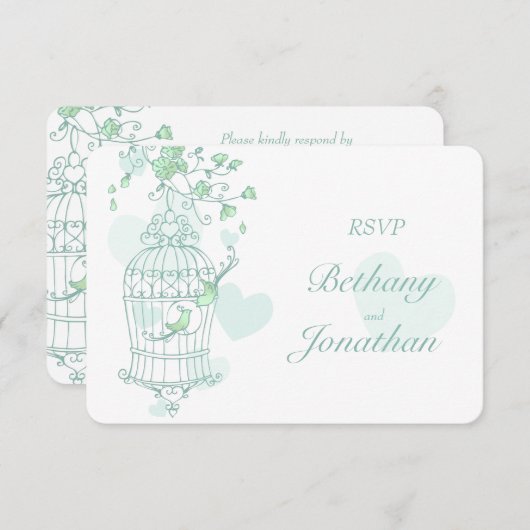 ミント緑の鳥オープンケージ結婚式RSVP 出欠カード (正面/裏面)