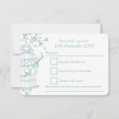 ミント緑の鳥オープンケージ結婚式RSVP 出欠カード (裏面)