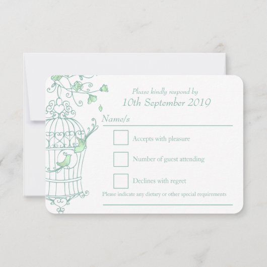 ミント緑の鳥オープンケージ結婚式RSVP 出欠カード (裏面)