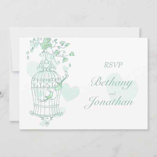 ミント緑の鳥オープンケージ結婚式RSVP 招待状 (正面)