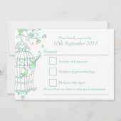 ミント緑の鳥オープンケージ結婚式RSVP 招待状 (裏面)