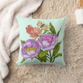 ミント色彩の鮮やかに花、ケシと蝶 クッション (ブランケット)