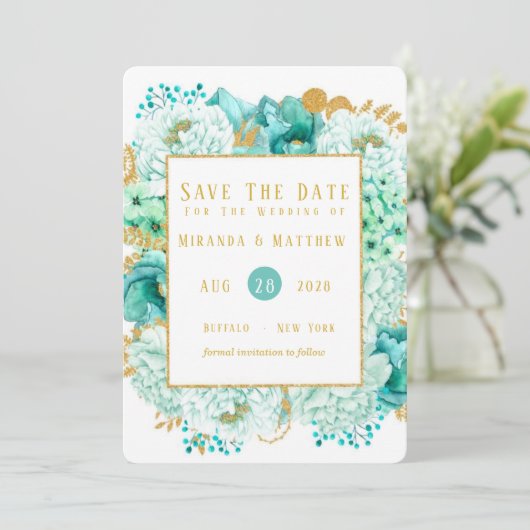 ミント花模様と金ゴールドの葉は日付カードを保存 招待状 (スタンド正面)