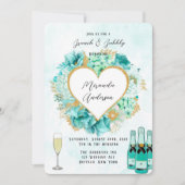 ミント花模様と金ゴールドの葉ブランチ&バブリー 招待状 (正面)
