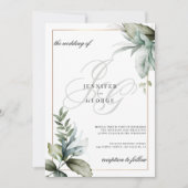 ミント葉モノグラムイニシャルエレガントな結婚式 招待状 (正面)