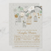 ミント金ゴールドグリッターブライダルシャワーメイソンジャーズケージズ 招待状 (正面/裏面)