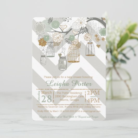 ミント金ゴールドグリッターベビーシャワーメイソンジャーバードケージ 招待状 (スタンド正面)
