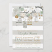 ミント金ゴールドグリッターベビーシャワーメイソンジャーバードケージ 招待状 (正面)