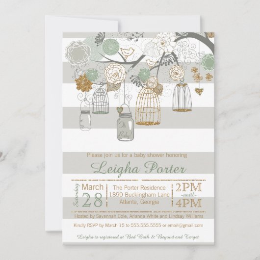 ミント金ゴールドグリッターベビーシャワーメイソンジャーバードケージ 招待状 (正面)