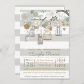 ミント金ゴールドグリッターベビーシャワーメイソンジャーバードケージ 招待状 (正面/裏面)