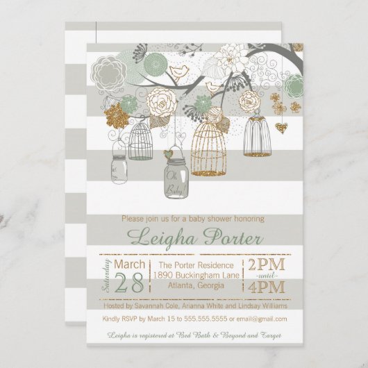 ミント金ゴールドグリッターベビーシャワーメイソンジャーバードケージ 招待状 (正面/裏面)