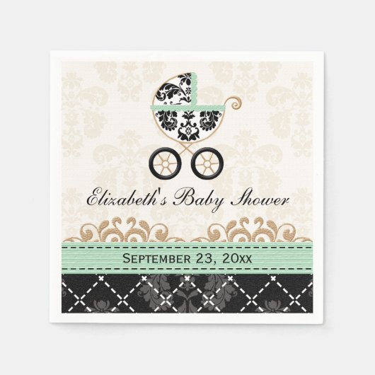 ミント金ゴールドダマスクキャリッジベビーシャワー スタンダードカクテルナプキン (正面)