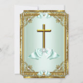 ミント金ゴールドパールダマスククロスバプテスマ《キリスト教》洗礼式や命名式2 招待状 (裏面)