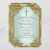 ミント金ゴールドパールダマスククロスバプテスマ《キリスト教》洗礼式や命名式2 招待状 (正面/裏面)