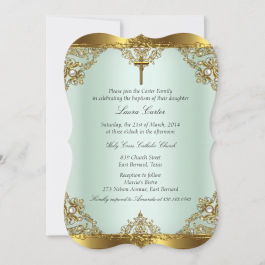 ミント金ゴールドパールダマスククロスバプテスマ《キリスト教》洗礼式や命名式3 招待状 (正面)