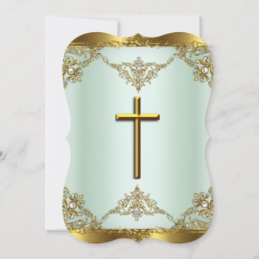 ミント金ゴールドパールダマスククロスバプテスマ《キリスト教》洗礼式や命名式3 招待状 (裏面)