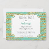 ミント金ゴールドフェイクグリッターストライプ誕生日 招待状 (正面)
