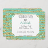 ミント金ゴールドフェイクグリッターストライプ誕生日 招待状 (正面/裏面)