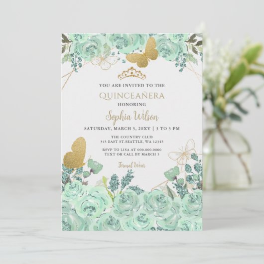 ミント金ゴールドフローラバタフライキンセアニラカンス 招待状 (スタンド正面)