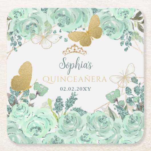 ミント金ゴールドフローラバタフライキンセアニラ スクエアペーパーコースター (正面)