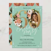 ミント金ゴールドフローラボホカスタム誕生日写真60 招待状 (正面/裏面)