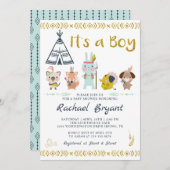 ミント金ゴールドボホ動物それは男の子の赤ちゃんシャワーである 招待状 (正面/裏面)