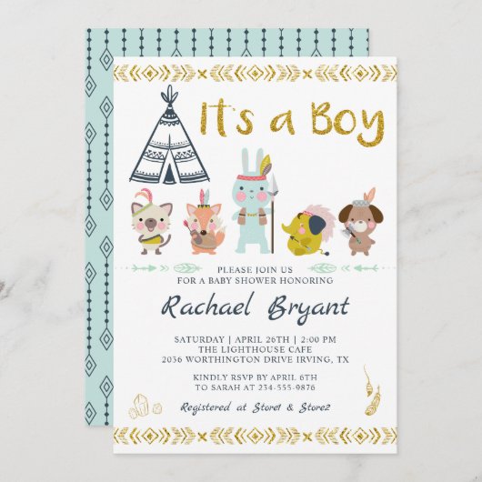 ミント金ゴールドボホ動物それは男の子の赤ちゃんシャワーである 招待状 (正面/裏面)