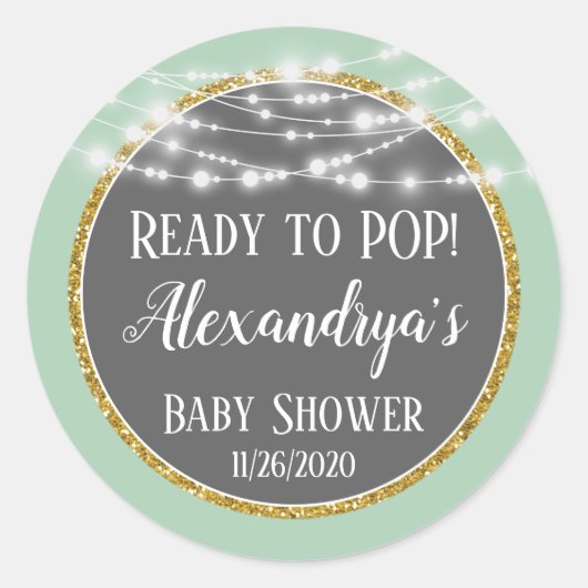 ミント金ゴールドポップ・アートのベビーシャワーメッセージカード ラウンドシール (正面)