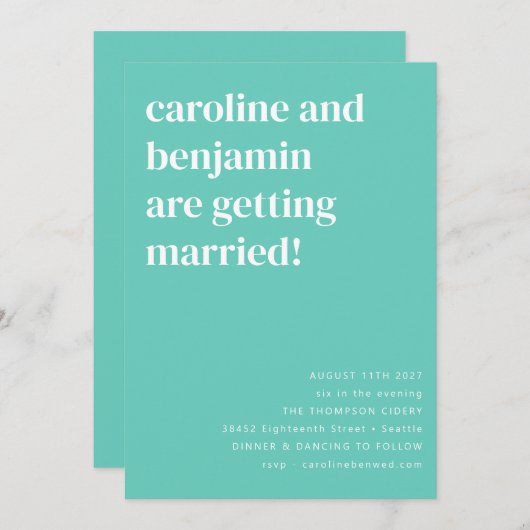 ミント鮮やかアクアティール（緑がかった色）クリーンモダンス結婚ズ 招待状 (正面/裏面)