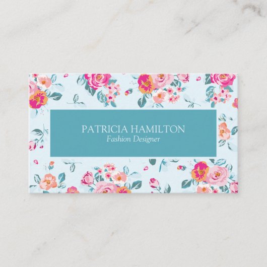 ミント鮮やかーにピンクのバラの花の模様 名刺 (正面)
