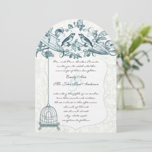 ミント鳥かごオークヴィンテージ鳥の結婚スクロール 招待状 (スタンド正面)