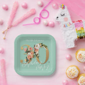 ミント30th誕生日金ゴールド文字かわいらしフローラ ペーパープレート (パーティー)