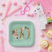ミント60誕生日金ゴールド文字かわいらしフローラ ペーパープレート (パーティー)