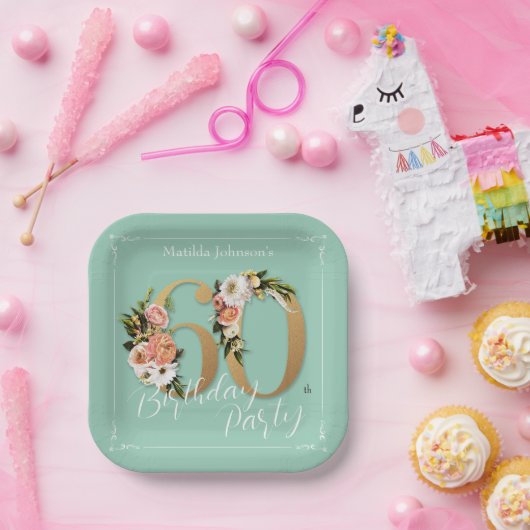 ミント60誕生日金ゴールド文字かわいらしフローラ ペーパープレート (パーティー)