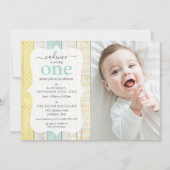 ミント&イエローコテージ素朴ウッドジオメトリックフォト 招待状 (正面)