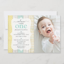 ミント&イエローコテージ素朴ウッドジオメトリックフォト 招待状