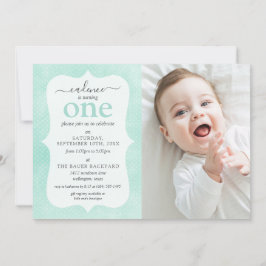 ミント&イエローコテージ素朴ウッドジオメトリックフォト 招待状