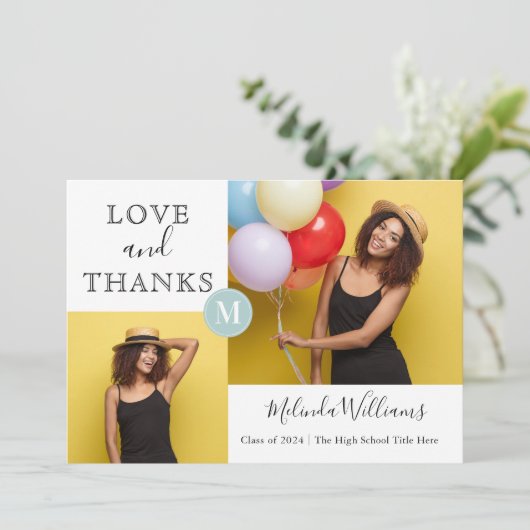 ミント&イエローモノグラム写真ありがとう卒業 案内状 (スタンド正面)