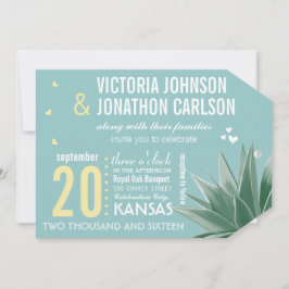 ミント&イエロー多肉性モダンタイポグラフィ結婚ズ 招待状