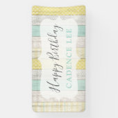 ミント&イエロー素朴コテージウッドハッピーバースデー 横断幕 (縦)