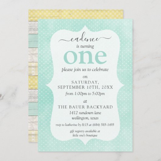 ミント&イエロー素朴コテージカスタムエージ誕生日 招待状 (正面/裏面)